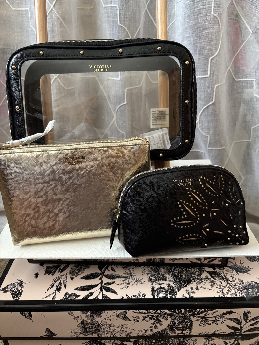 NWT Victoria's Secret Black and Gold Trio Cosmetic Pouch Set